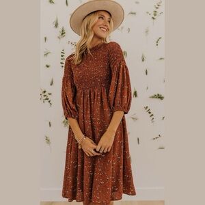 Roolee NWOT Byers Floral Dress Rust 3/4 Length Sleeve Knee Length Size L